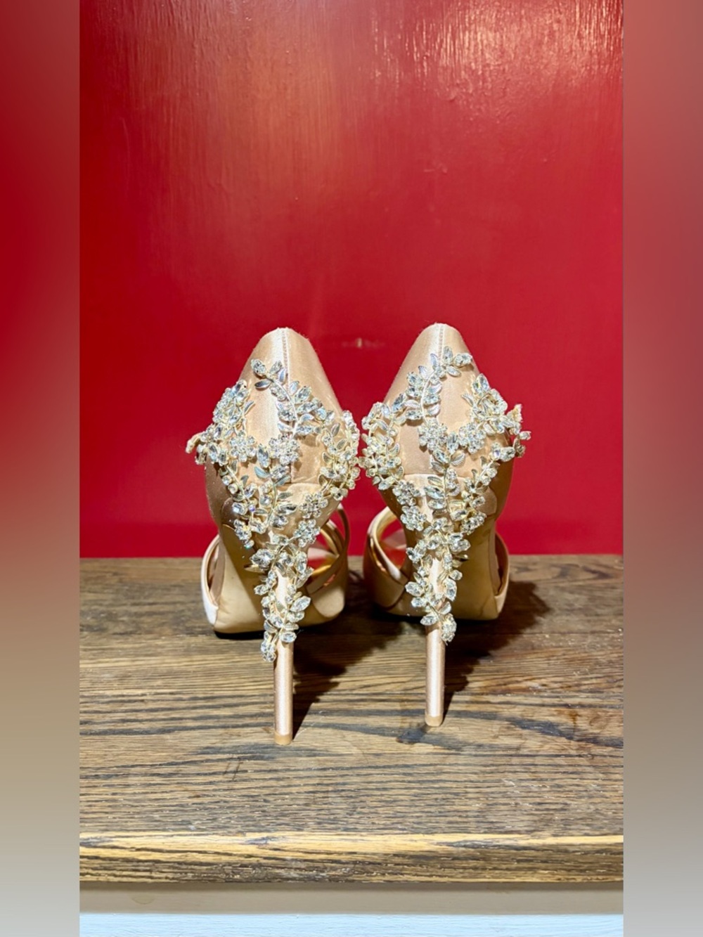 Badgley Mischka Embellished Rose Gold Satin High Heels.